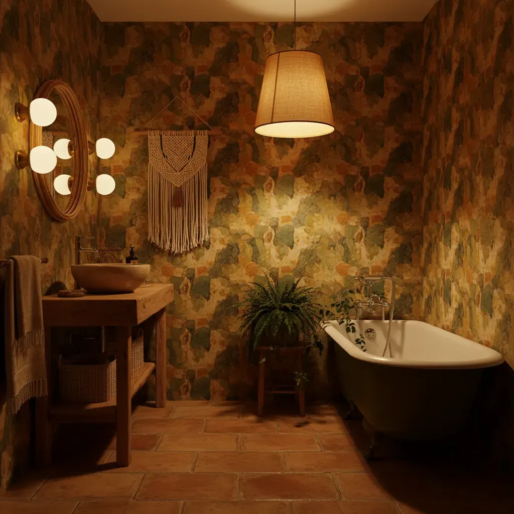 70s Interieur Badkamer - avondsfeer met verlichting