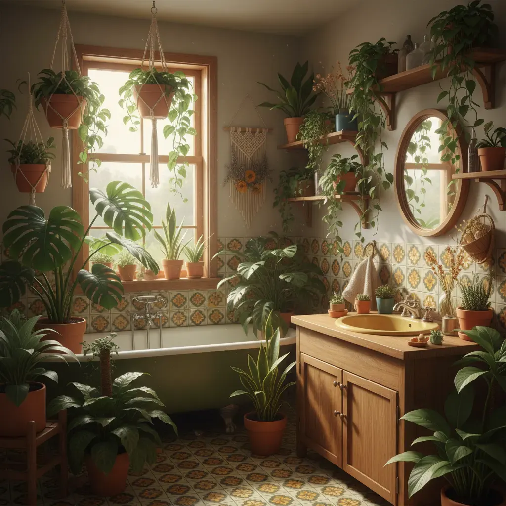70s Interieur Badkamer - planten en groen accent