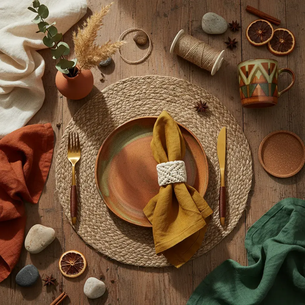 70s Interieur Eetkamer - flatlay van decoratieve objecten