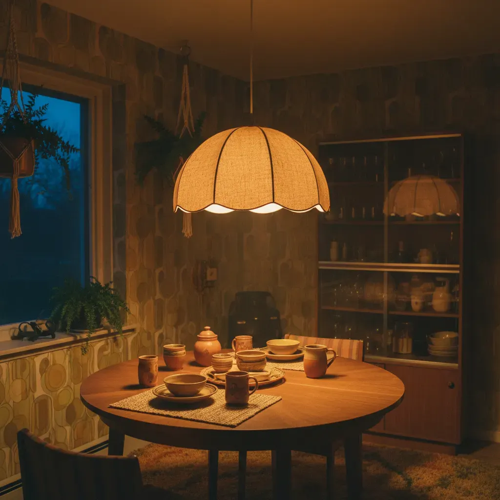 70s Interieur Eetkamer - avondsfeer met verlichting