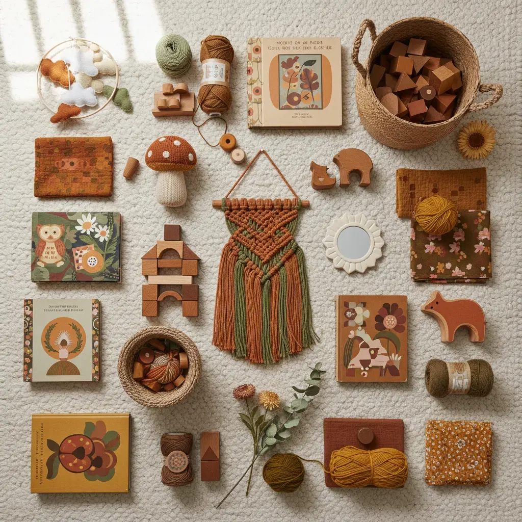 70s Interieur Kinderkamer - flatlay van decoratieve objecten