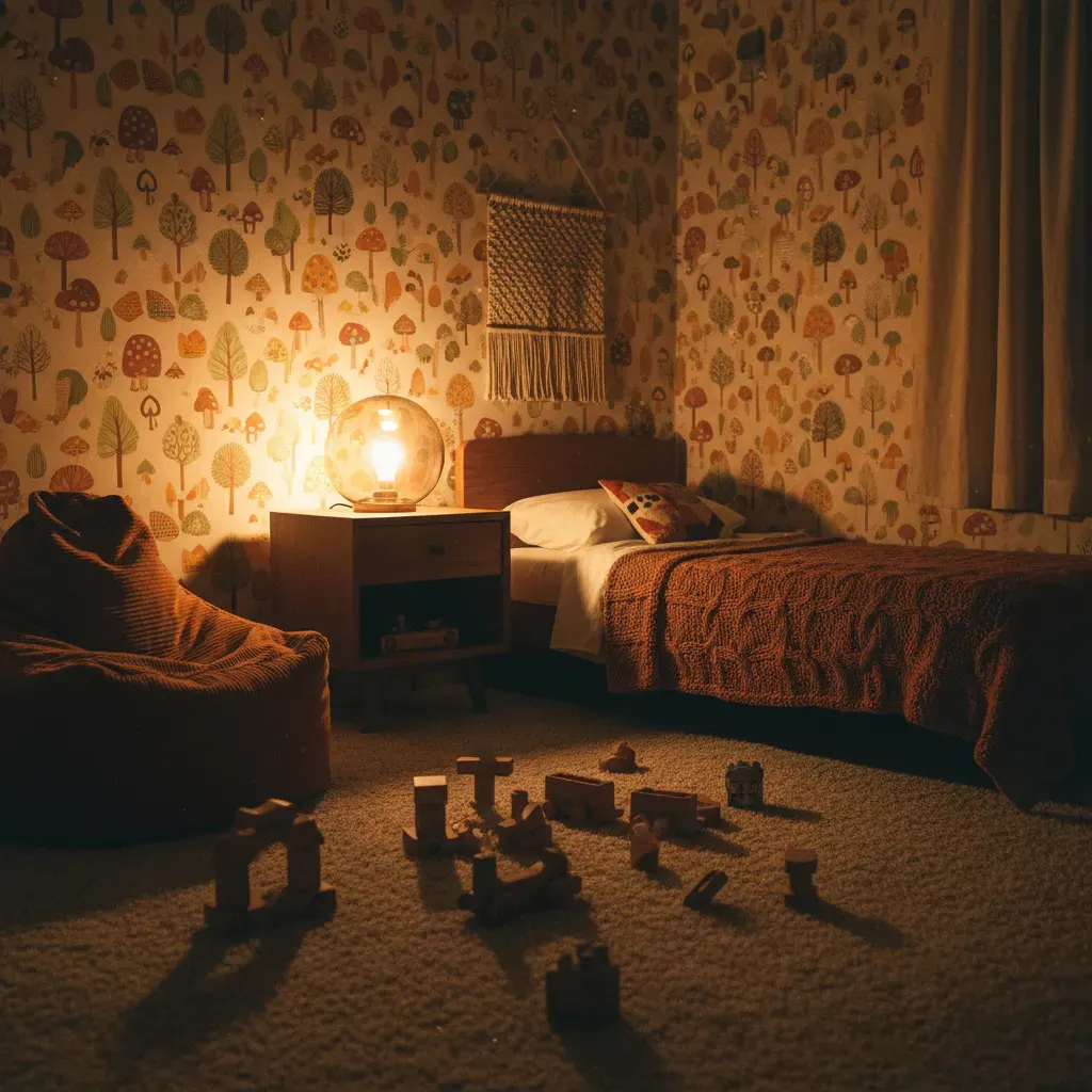 70s Interieur Kinderkamer - avondsfeer met verlichting
