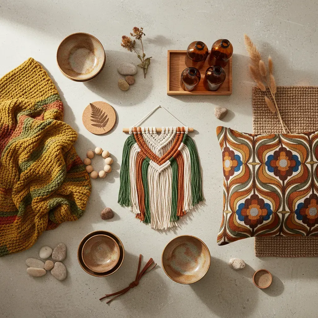 70s Interieur Slaapkamer - flatlay van decoratieve objecten