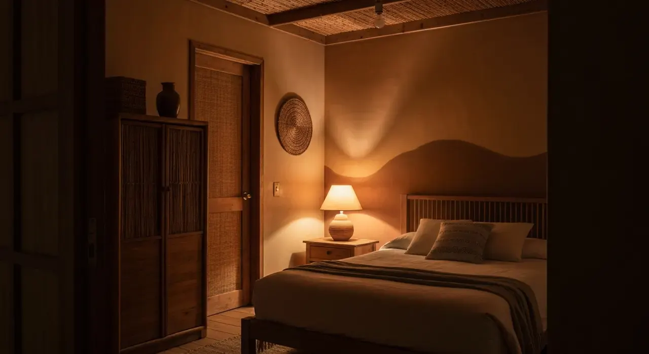 70s Interieur Slaapkamer - avondsfeer met verlichting