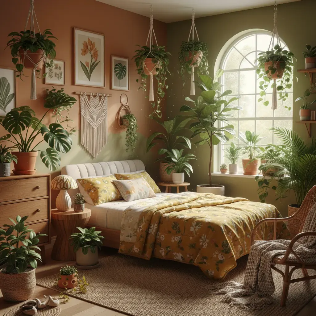 70s Interieur Slaapkamer - planten en groen accent