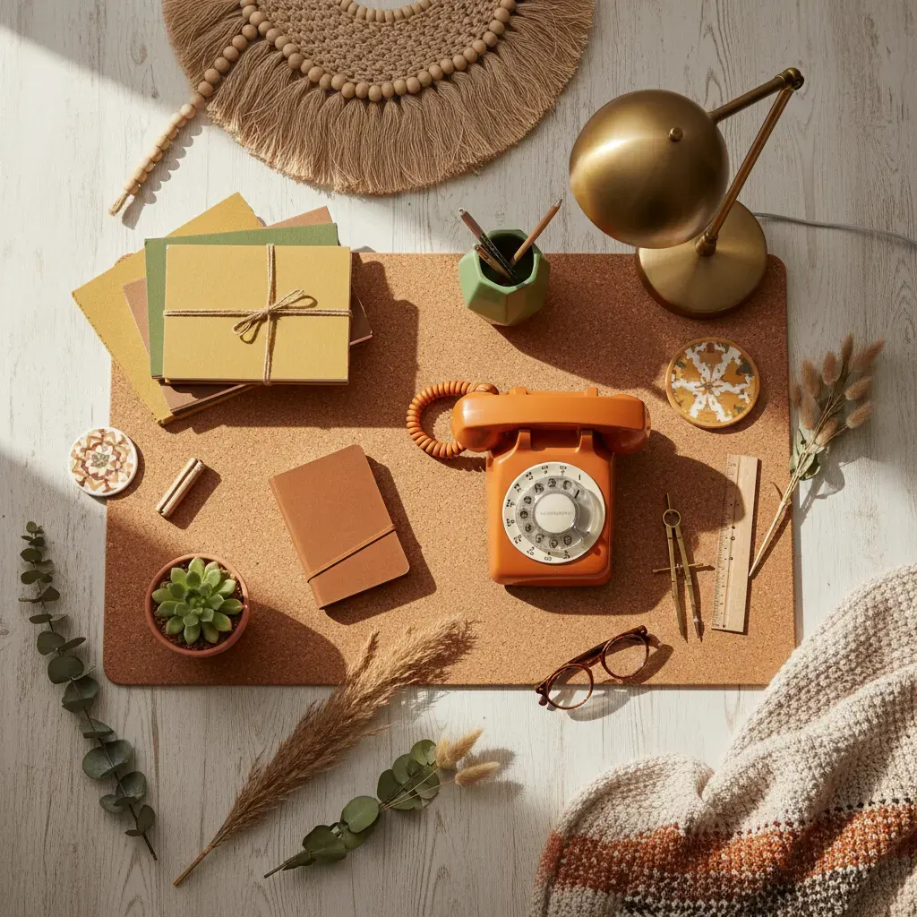 70s Interieur Werkkamer - flatlay van decoratieve objecten