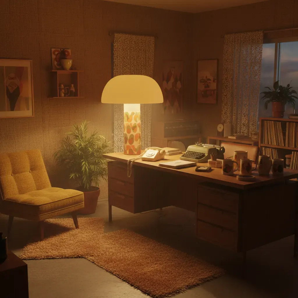 70s Interieur Werkkamer - avondsfeer met verlichting