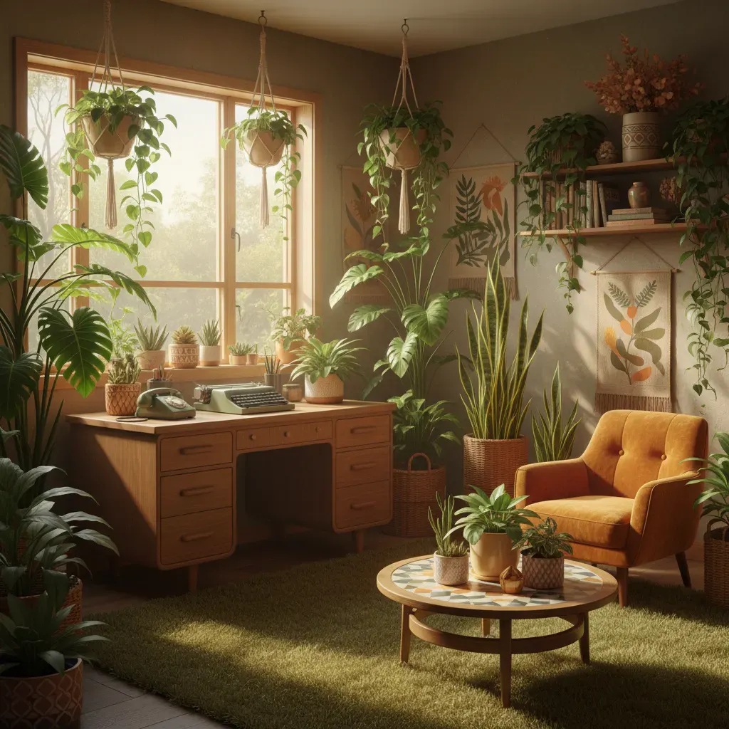 70s Interieur Werkkamer - planten en groen accent