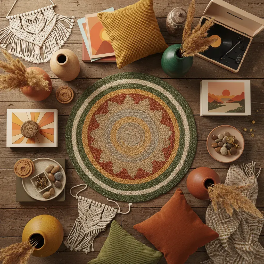 70s Interieur Woonkamer - flatlay van decoratieve objecten