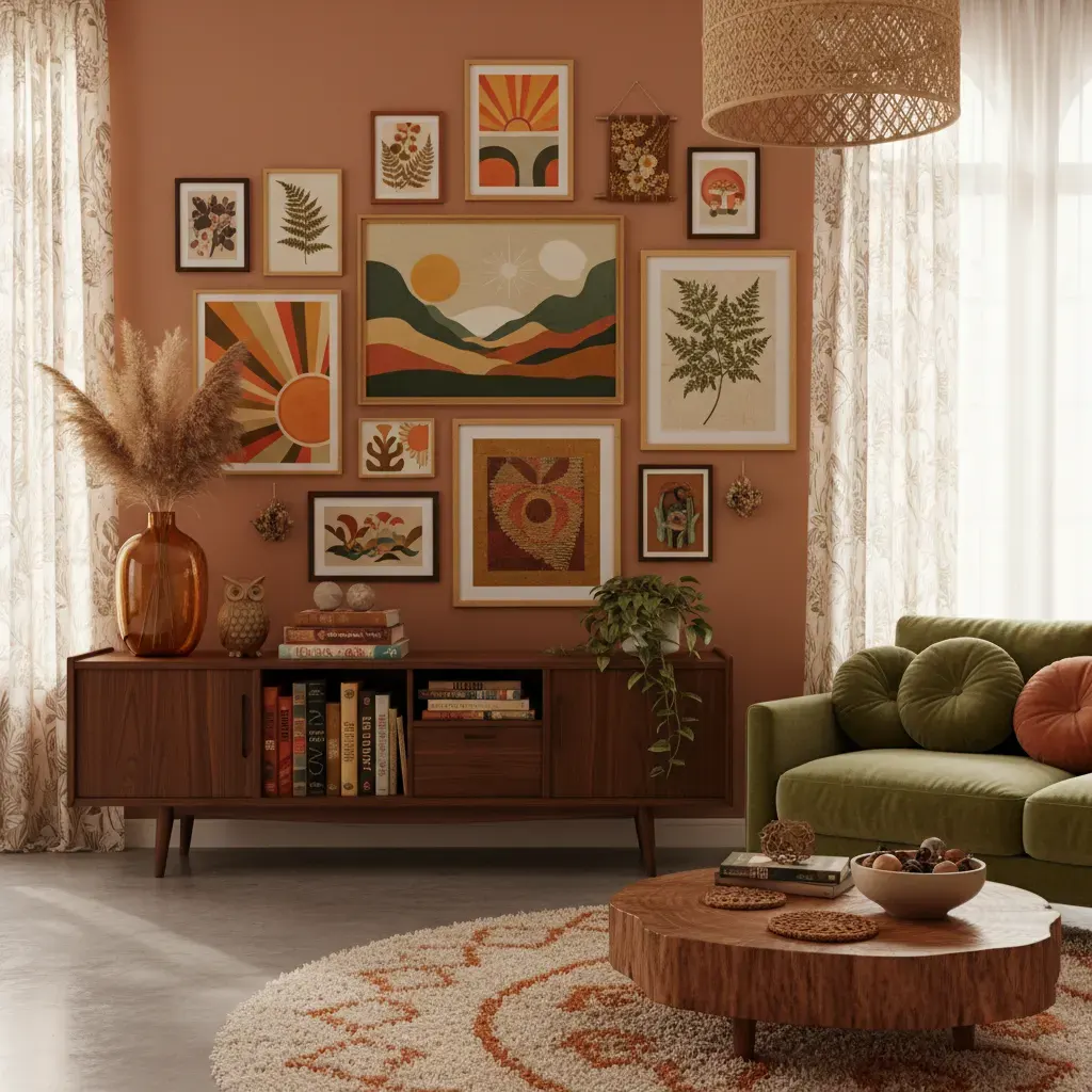 70s Interieur Woonkamer - galerij wand