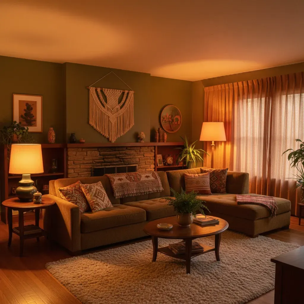 70s Interieur Woonkamer - avondsfeer met verlichting