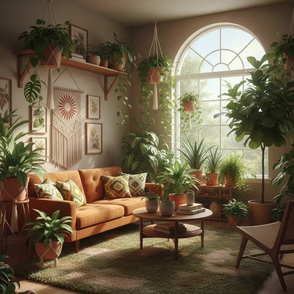 70s Interieur Woonkamer - planten en groen accent