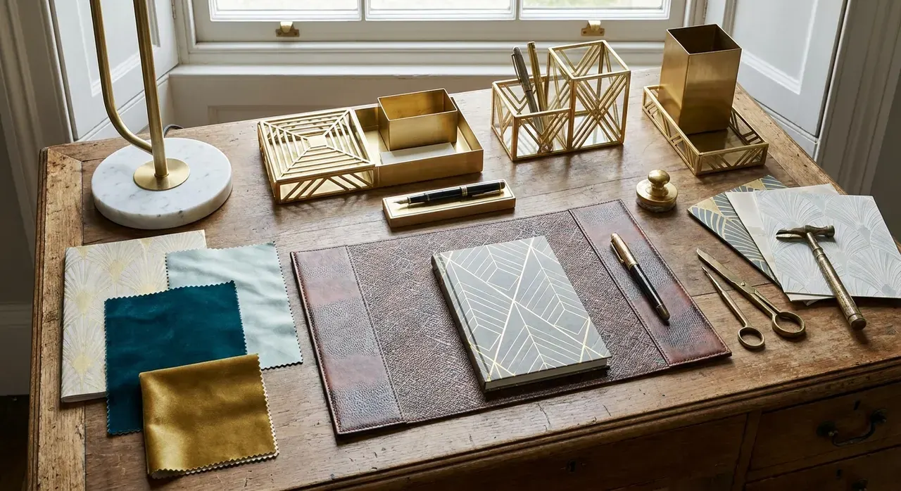Art Deco Werkkamer - flatlay van decoratieve objecten