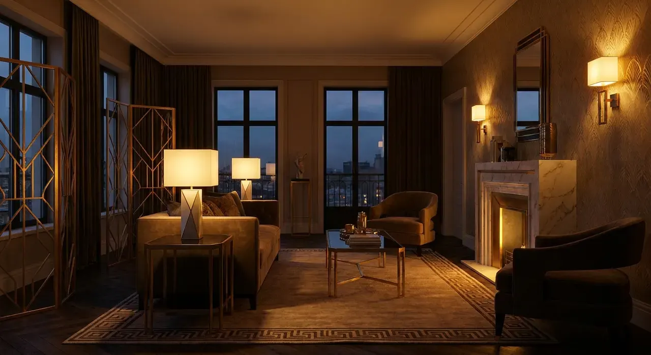 Art Deco Woonkamer - avondsfeer met verlichting