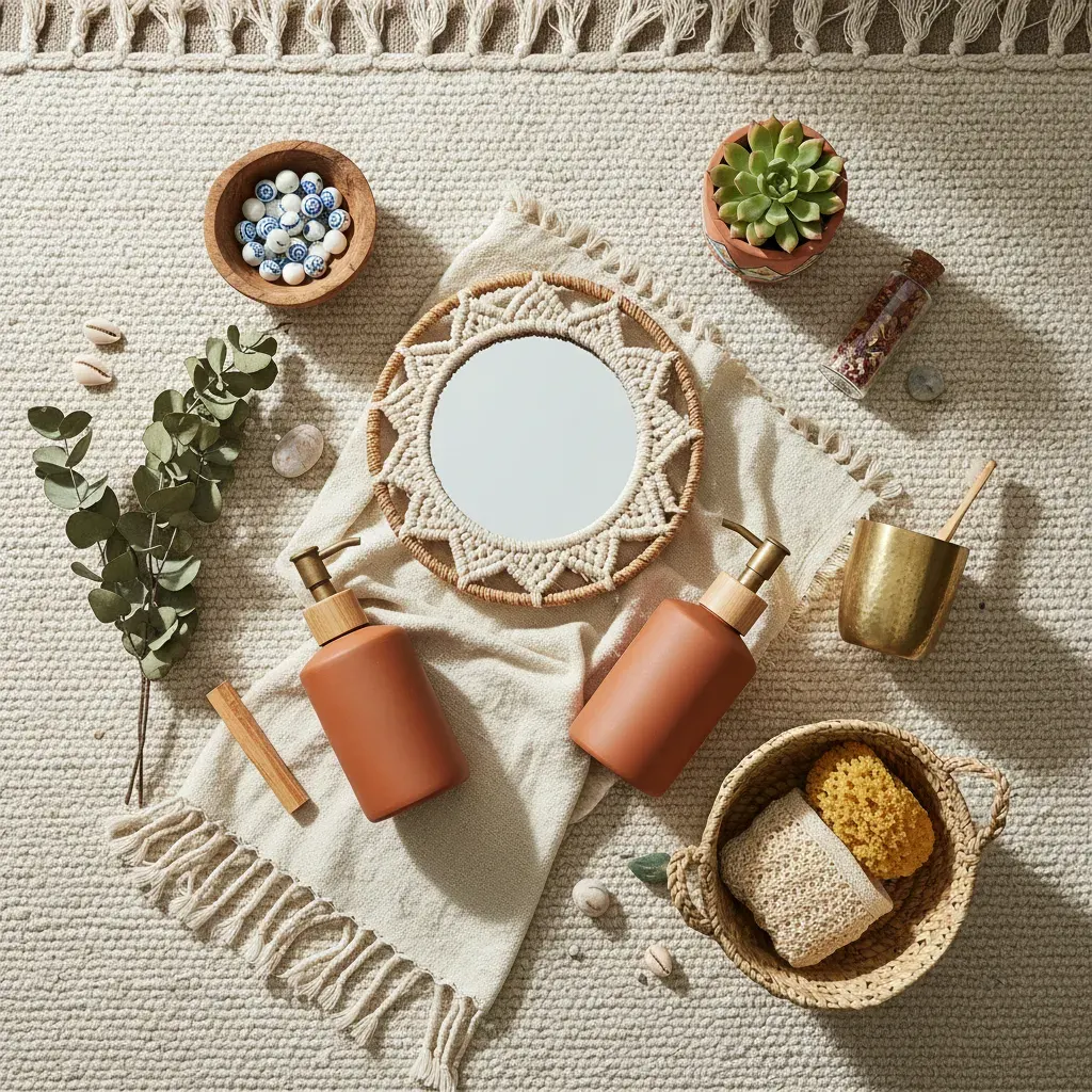 Bohemian Badkamer - flatlay van decoratieve objecten
