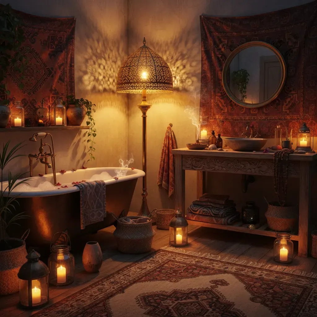 Bohemian Badkamer - avondsfeer met verlichting