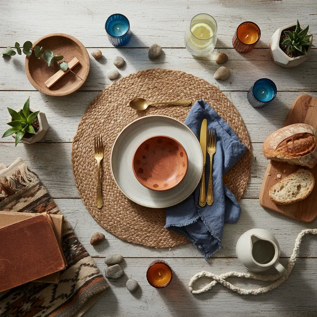 Bohemian Eetkamer - flatlay van decoratieve objecten