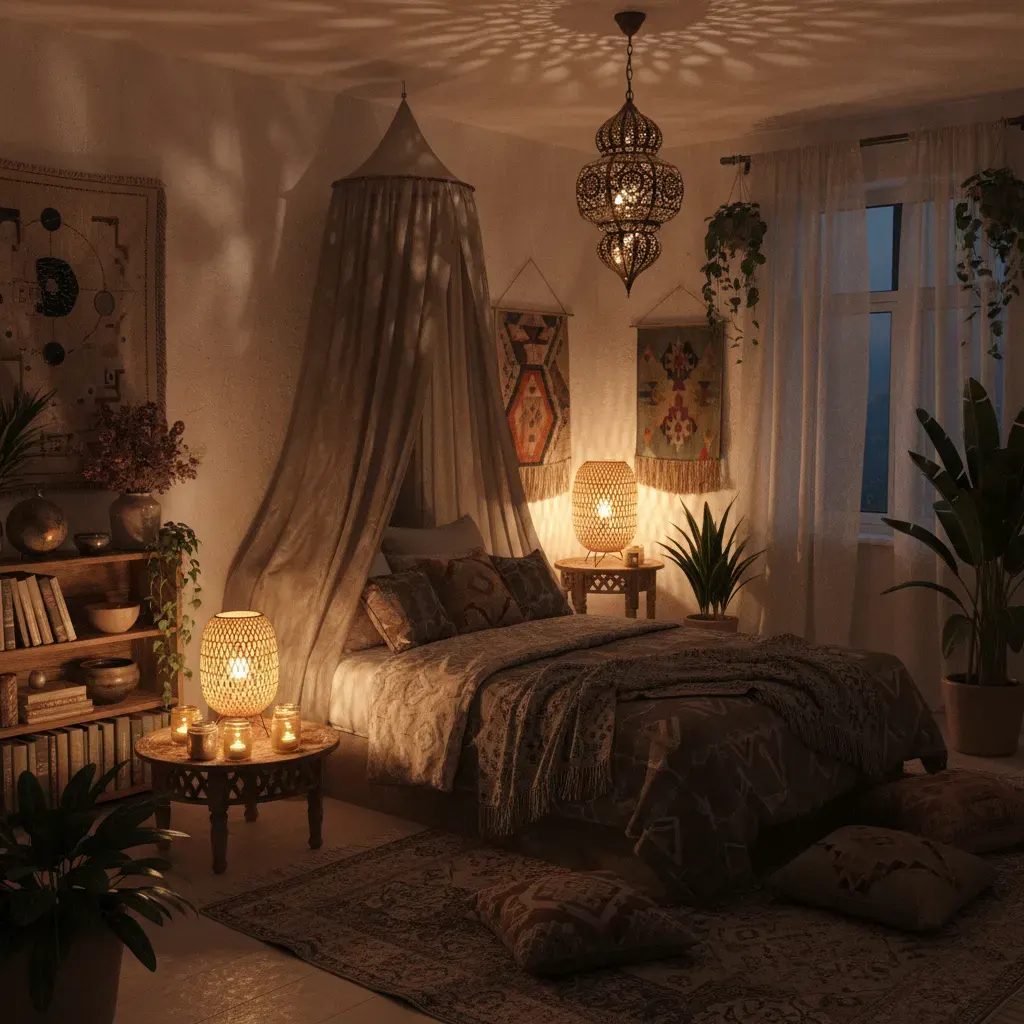 Bohemian Slaapkamer - avondsfeer met verlichting