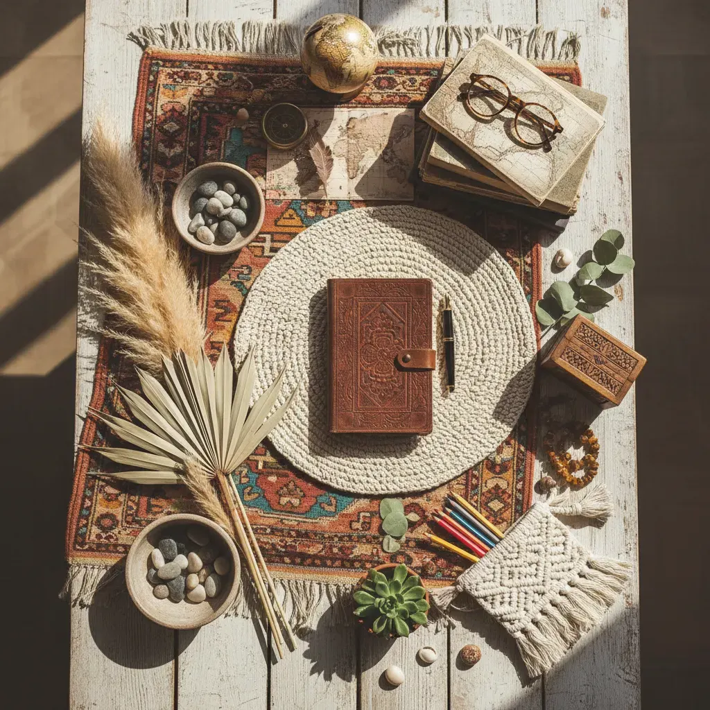 Bohemian Werkkamer - flatlay van decoratieve objecten