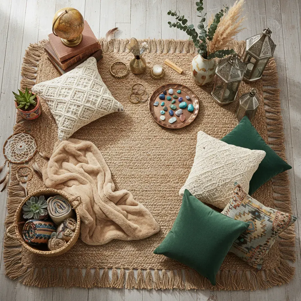 Bohemian Woonkamer - flatlay van decoratieve objecten