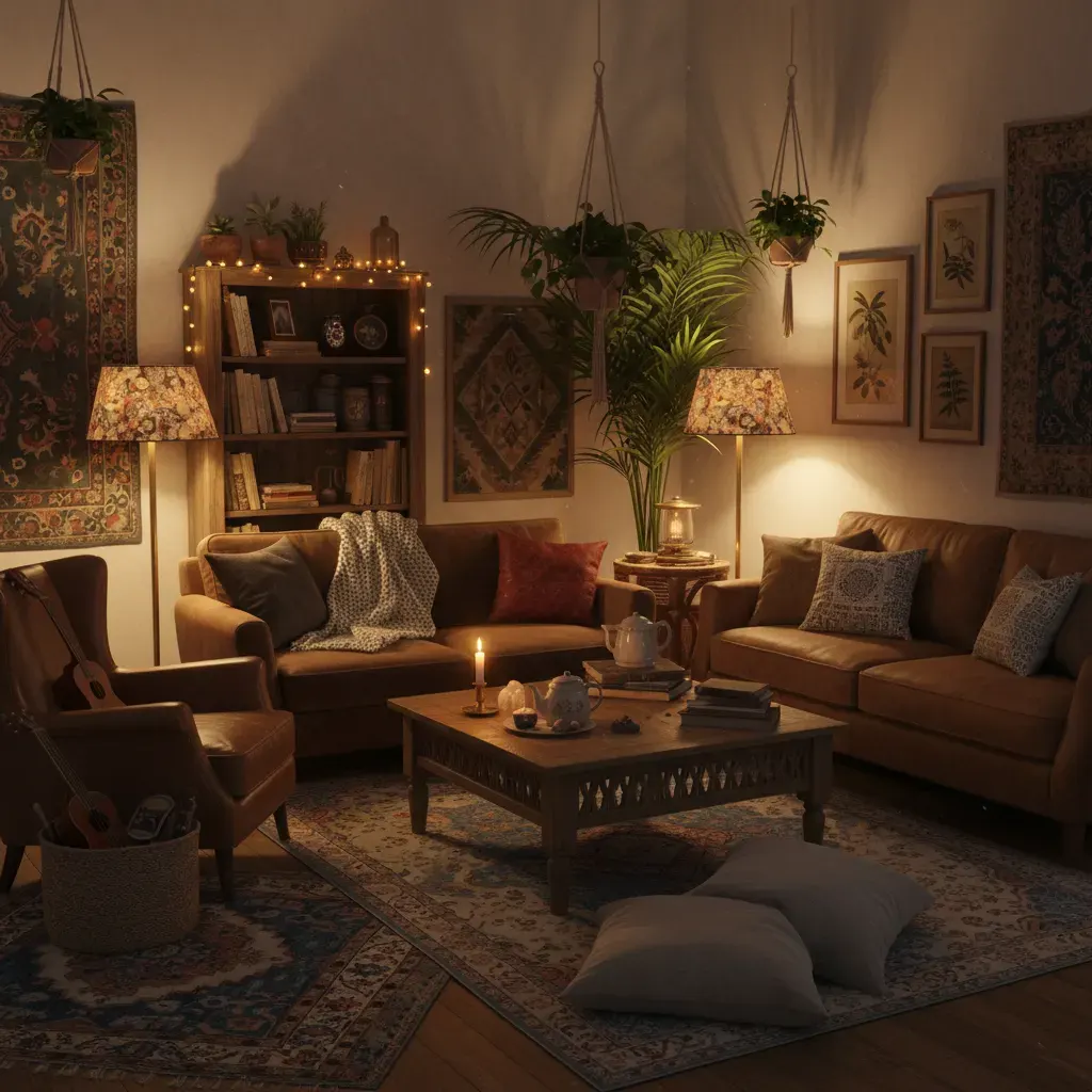 Bohemian Woonkamer - avondsfeer met verlichting