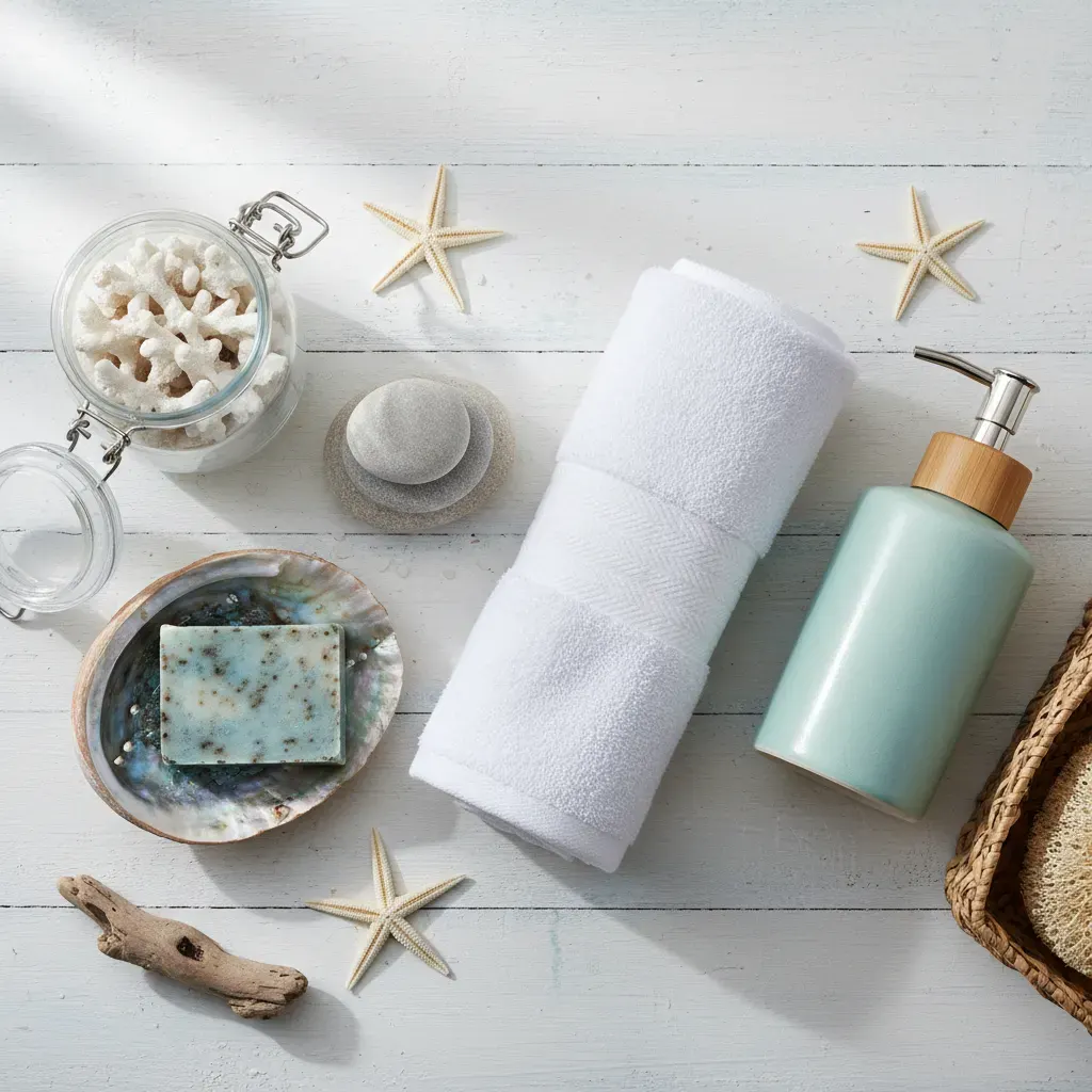 Coastal Badkamer - flatlay van decoratieve objecten