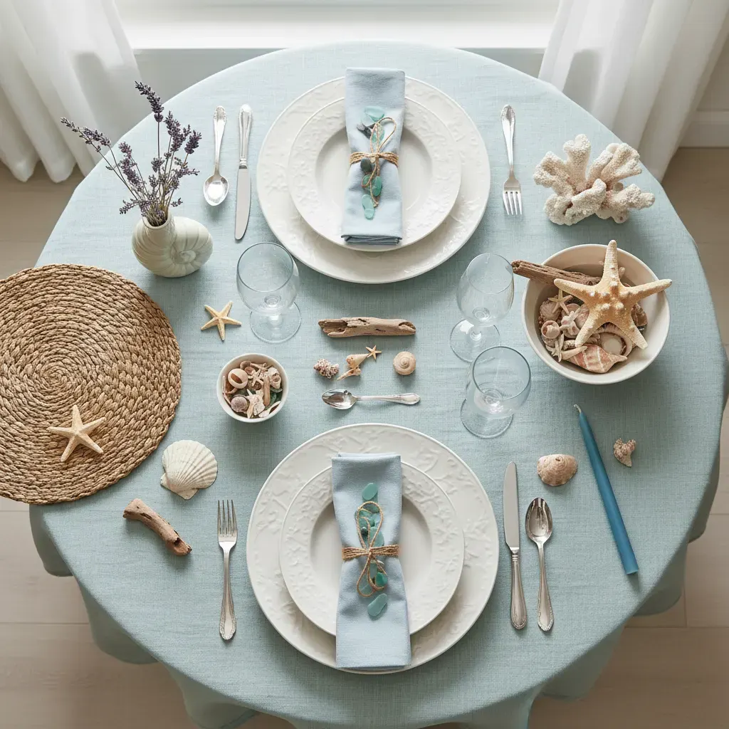 Coastal Eetkamer - flatlay van decoratieve objecten