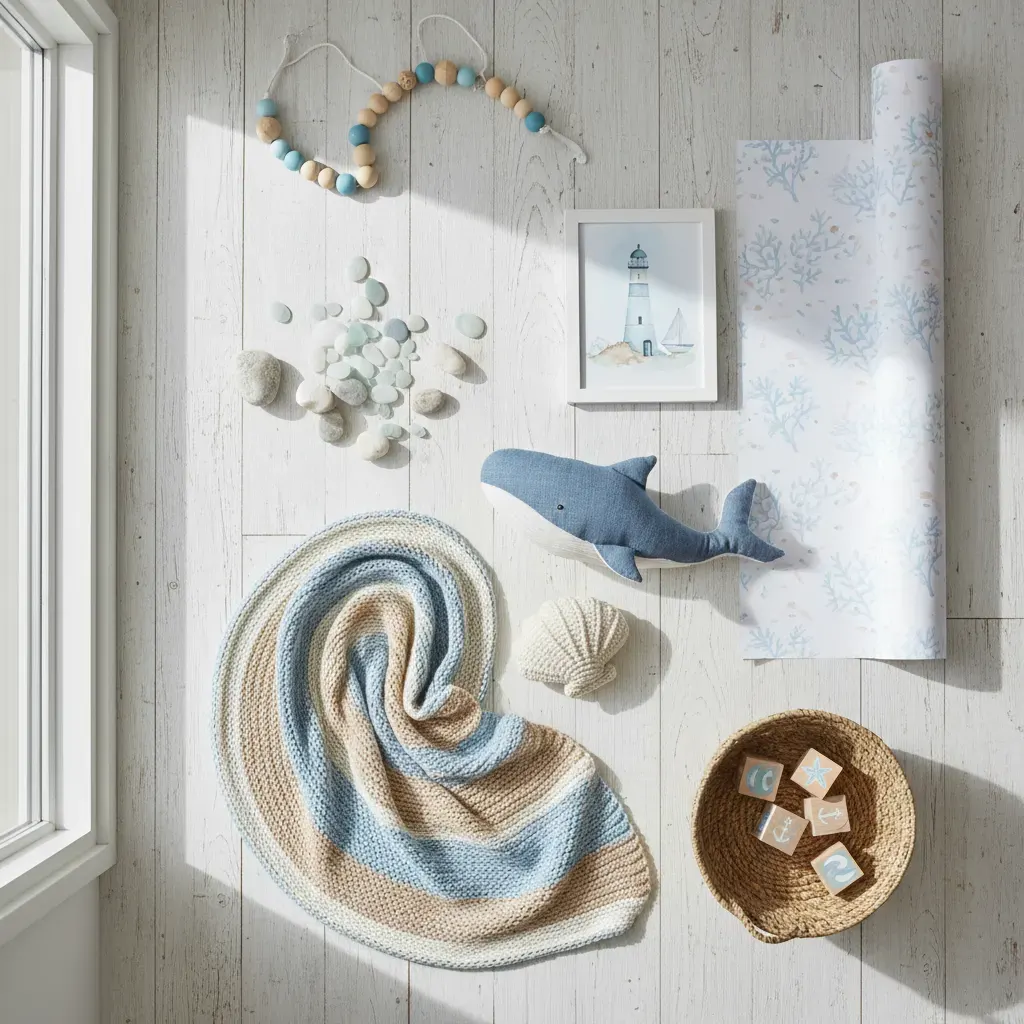 Coastal Kinderkamer - flatlay van decoratieve objecten