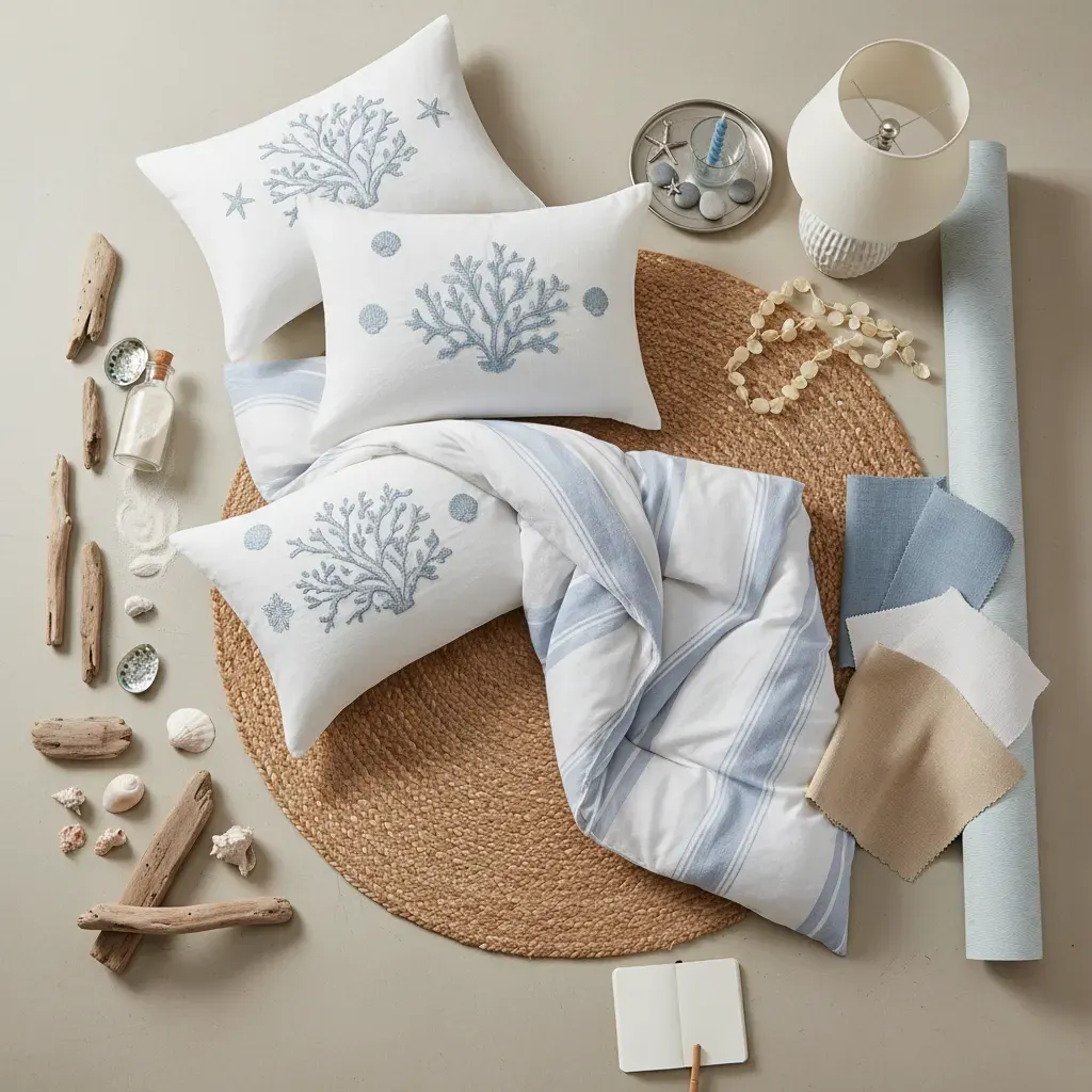 Coastal Slaapkamer - flatlay van decoratieve objecten