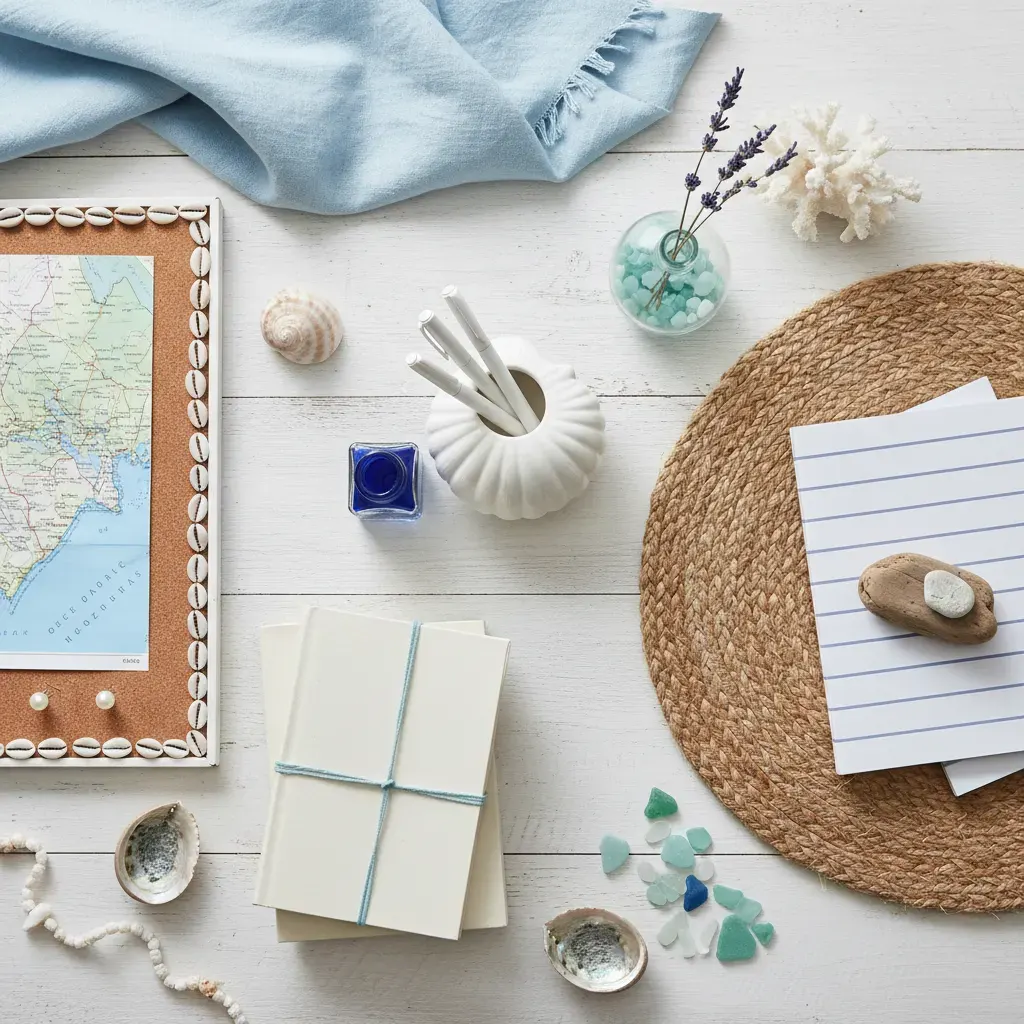 Coastal Werkkamer - flatlay van decoratieve objecten