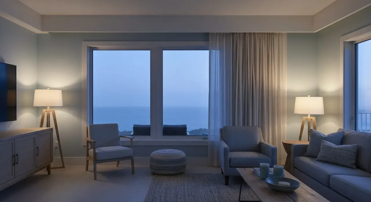 Coastal Woonkamer - avondsfeer met verlichting