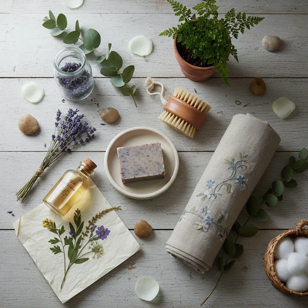 Cottagecore Badkamer - flatlay van decoratieve objecten