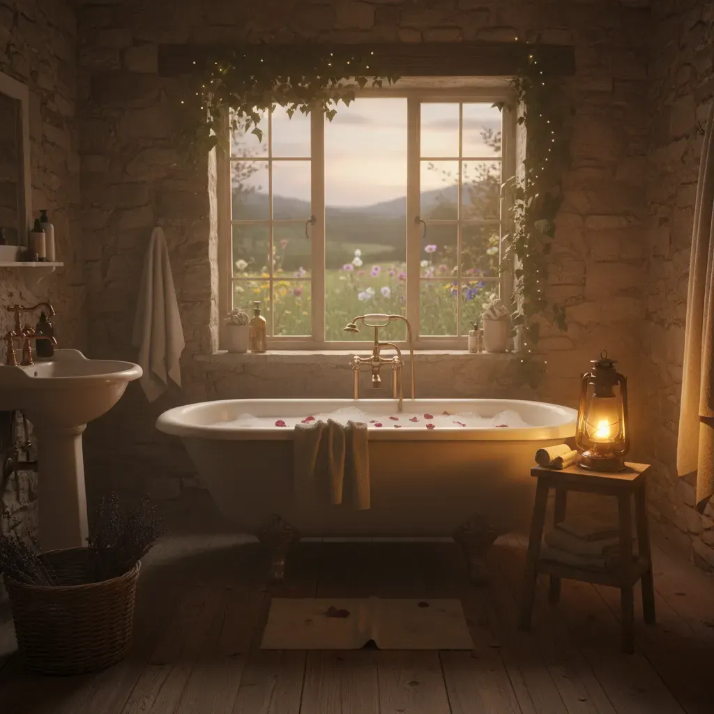 Cottagecore Badkamer - avondsfeer met verlichting