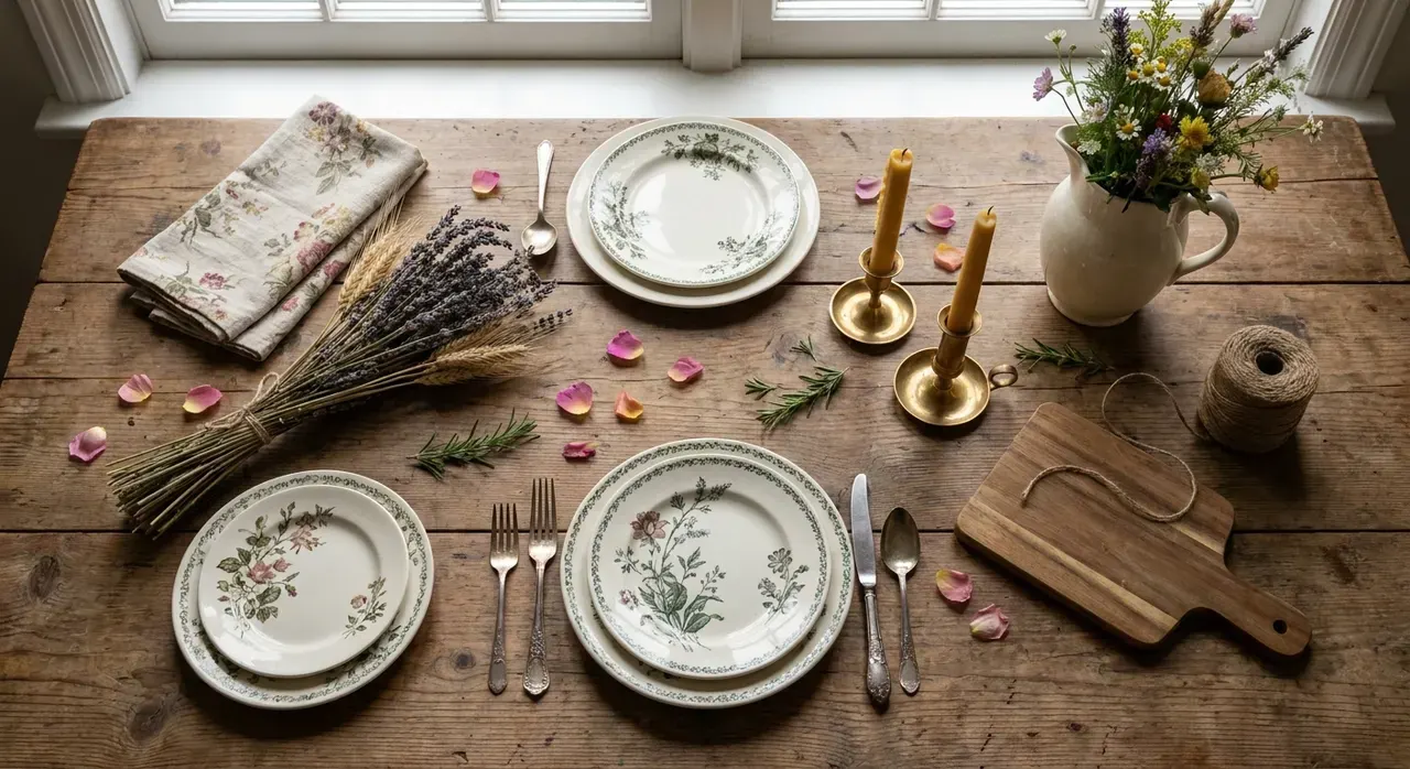 Cottagecore Eetkamer - flatlay van decoratieve objecten