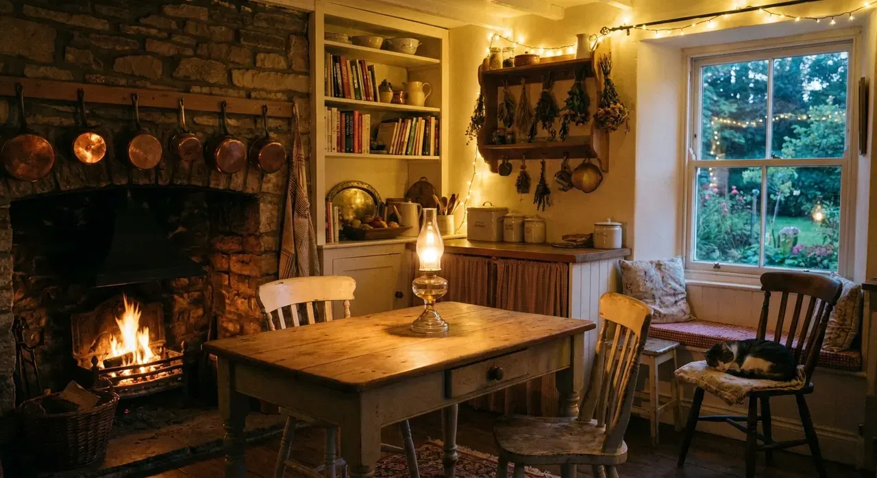 Cottagecore Keuken - avondsfeer met verlichting