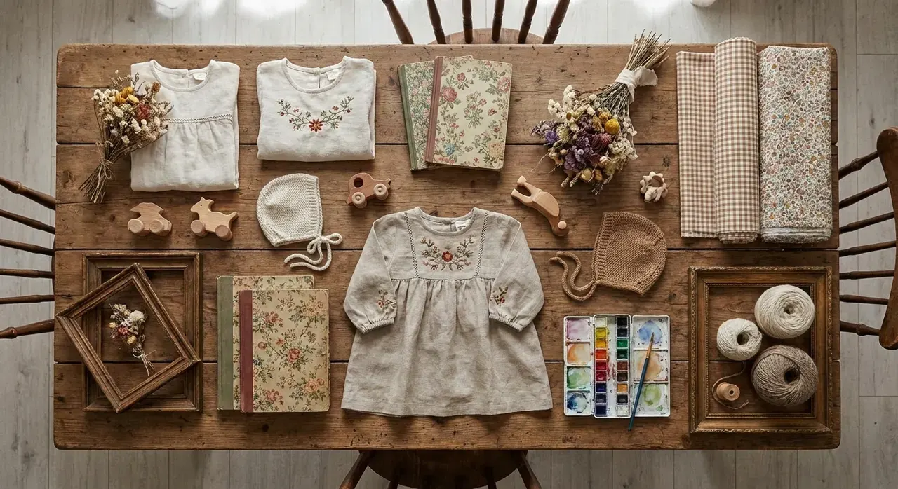 Cottagecore Kinderkamer - flatlay van decoratieve objecten