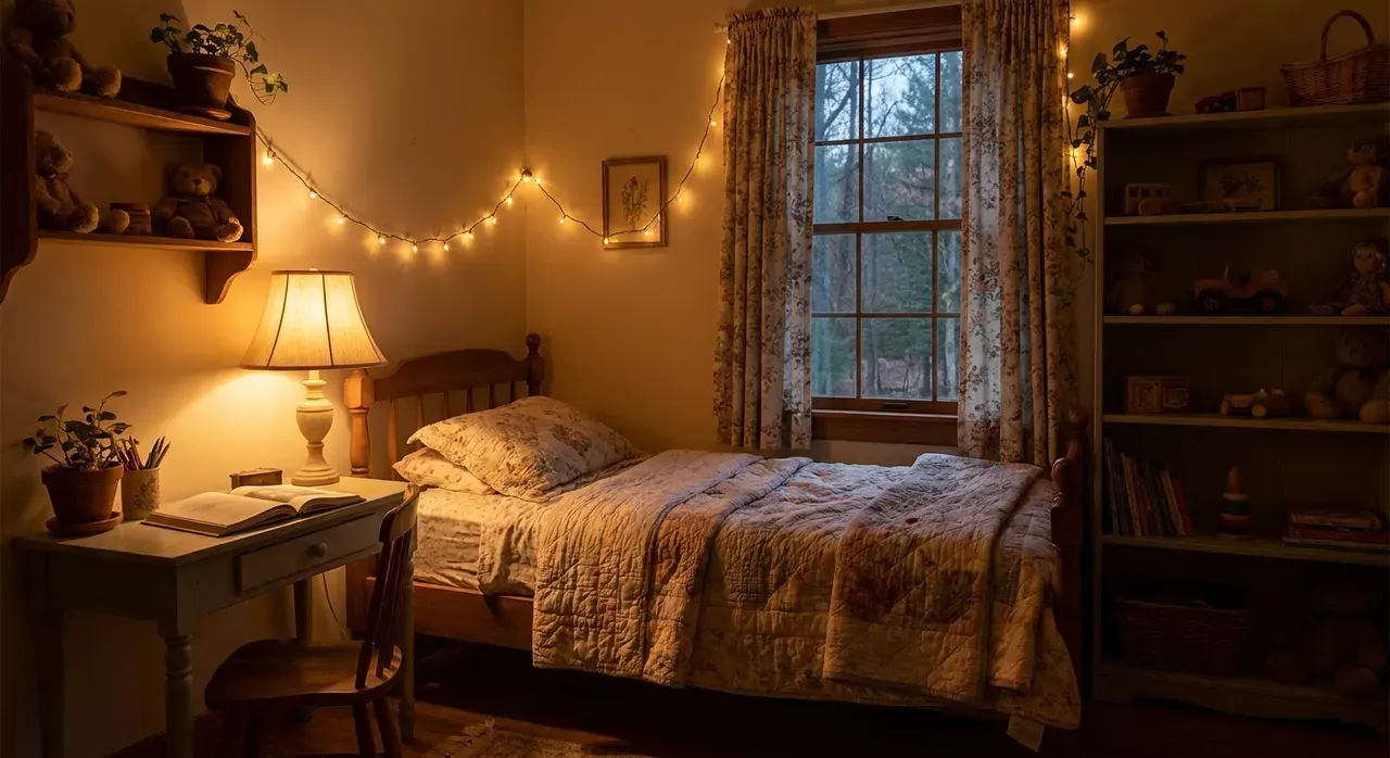 Cottagecore Kinderkamer - avondsfeer met verlichting