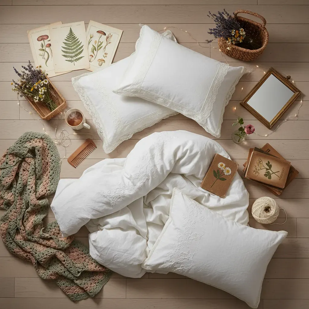 Cottagecore Slaapkamer - flatlay van decoratieve objecten