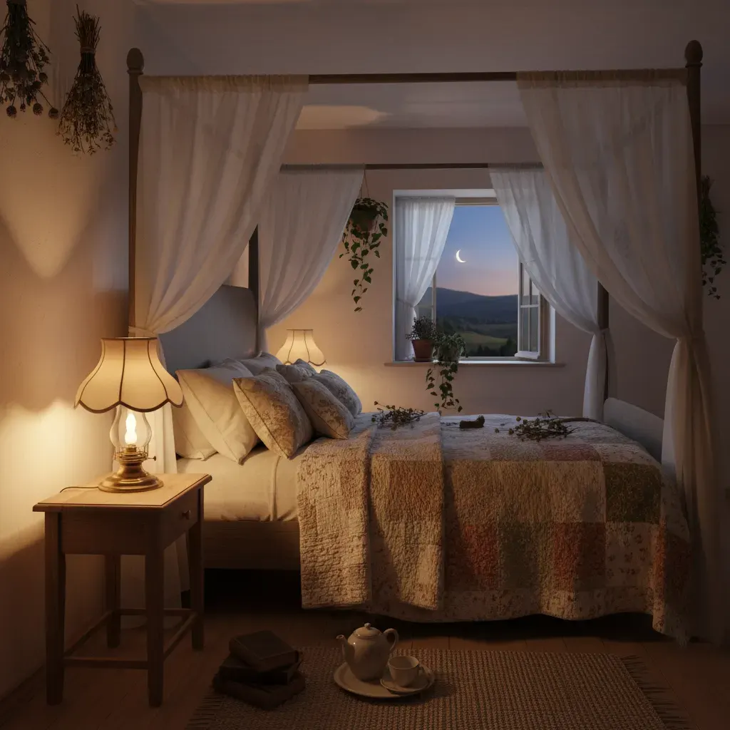Cottagecore Slaapkamer - avondsfeer met verlichting