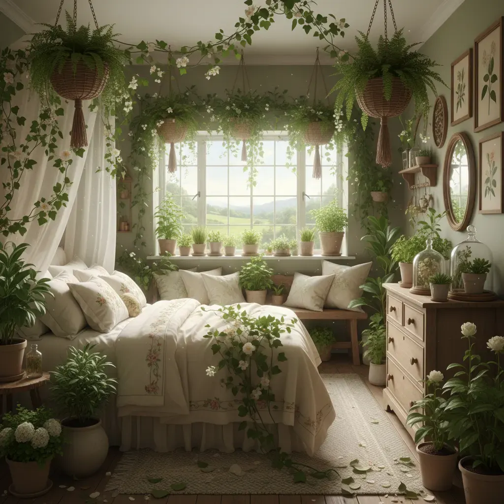 Cottagecore Slaapkamer - planten en groen accent