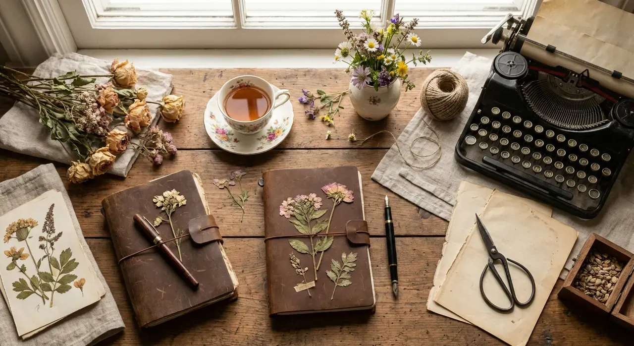 Cottagecore Werkkamer - flatlay van decoratieve objecten