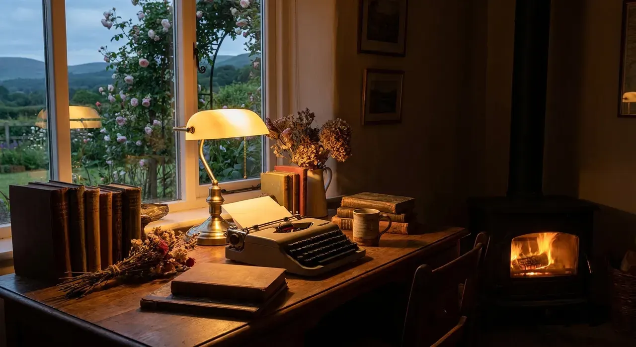 Cottagecore Werkkamer - avondsfeer met verlichting