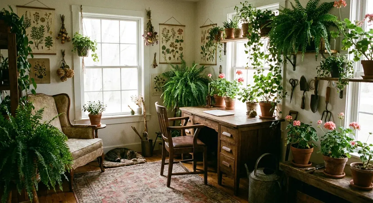 Cottagecore Werkkamer - planten en groen accent