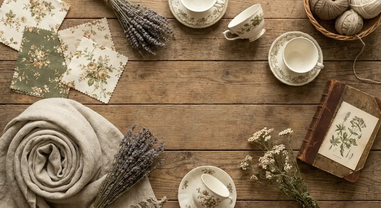 Cottagecore Woonkamer - flatlay van decoratieve objecten