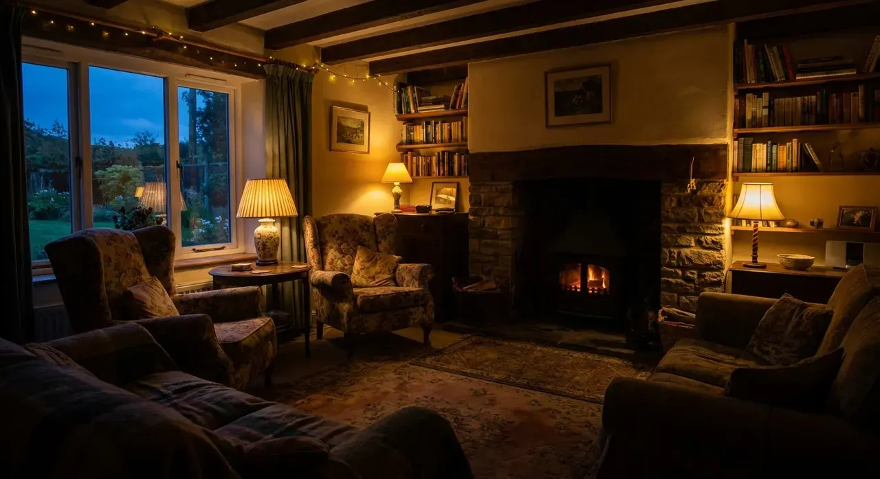 Cottagecore Woonkamer - avondsfeer met verlichting