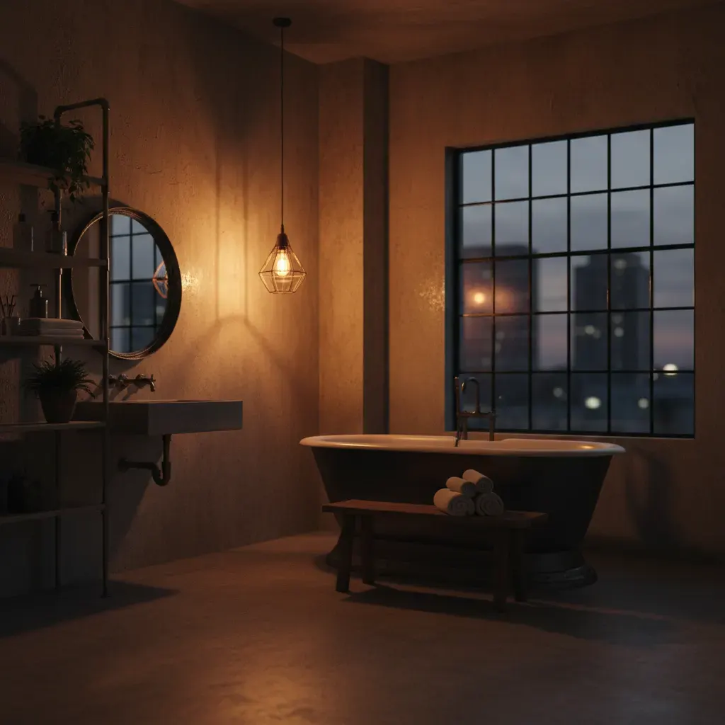 Industrial Badkamer - avondsfeer met verlichting