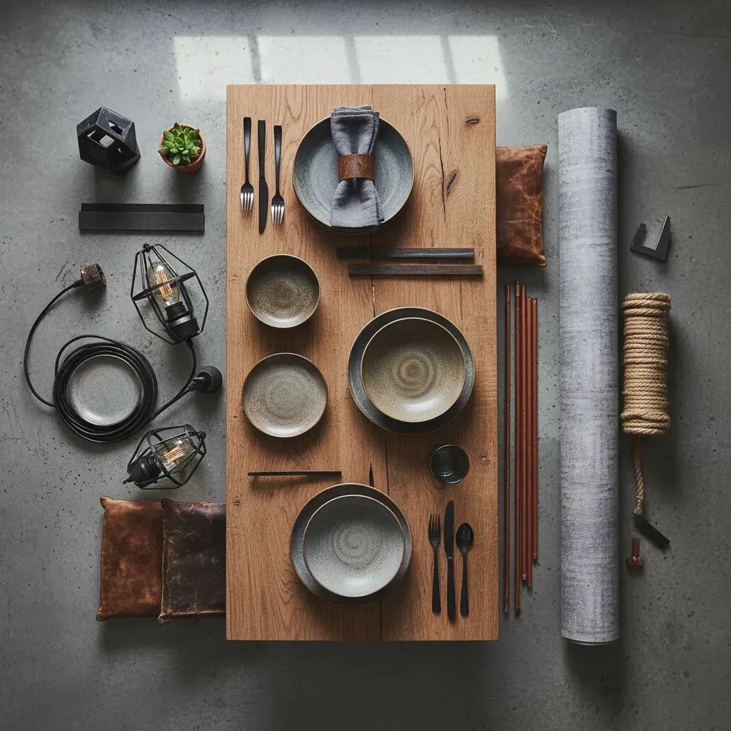 Industrial Eetkamer - flatlay van decoratieve objecten