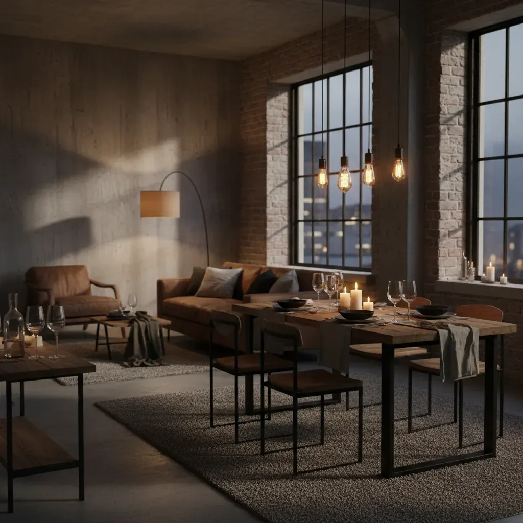 Industrial Eetkamer - avondsfeer met verlichting