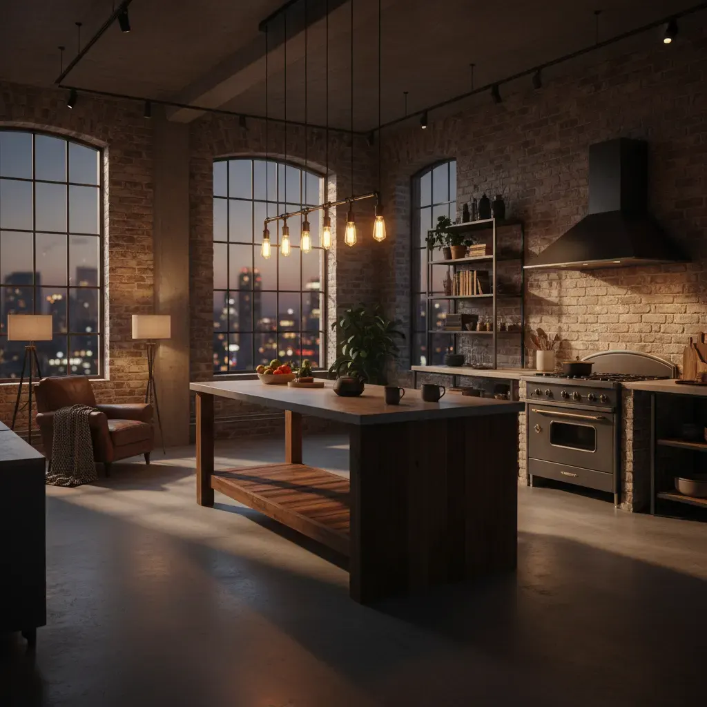 Industrial Keuken - avondsfeer met verlichting
