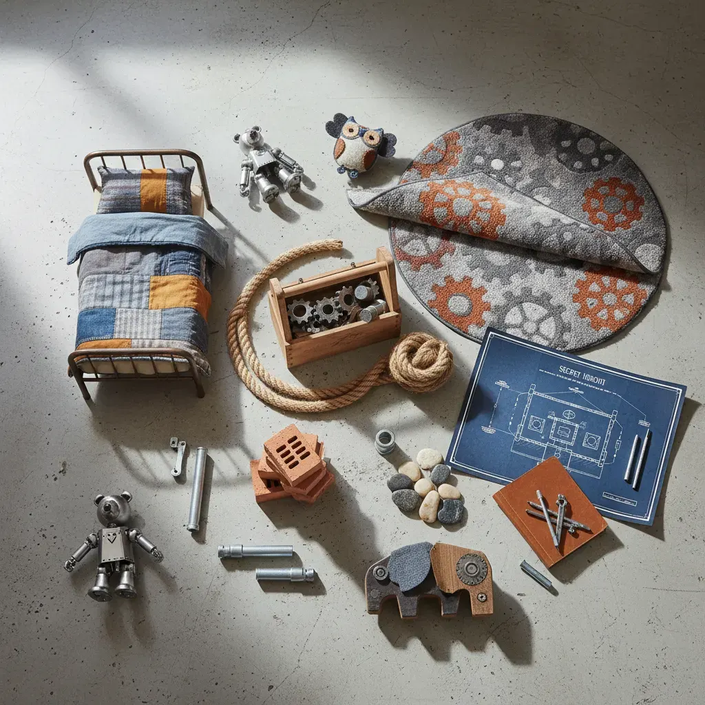 Industrial Kinderkamer - flatlay van decoratieve objecten